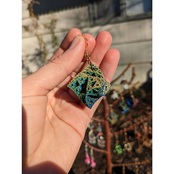 Color Changing Blue-Green-Orange 3D Printed Warped Sierpinski Octahedron Earring - Picture 7 of 8